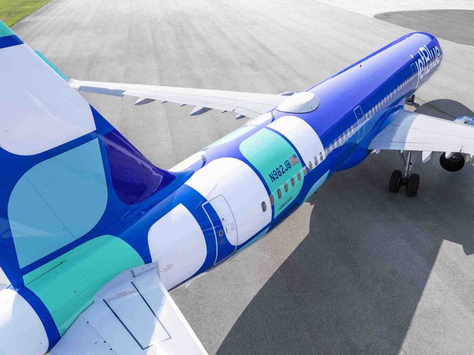 a blue and white airplane