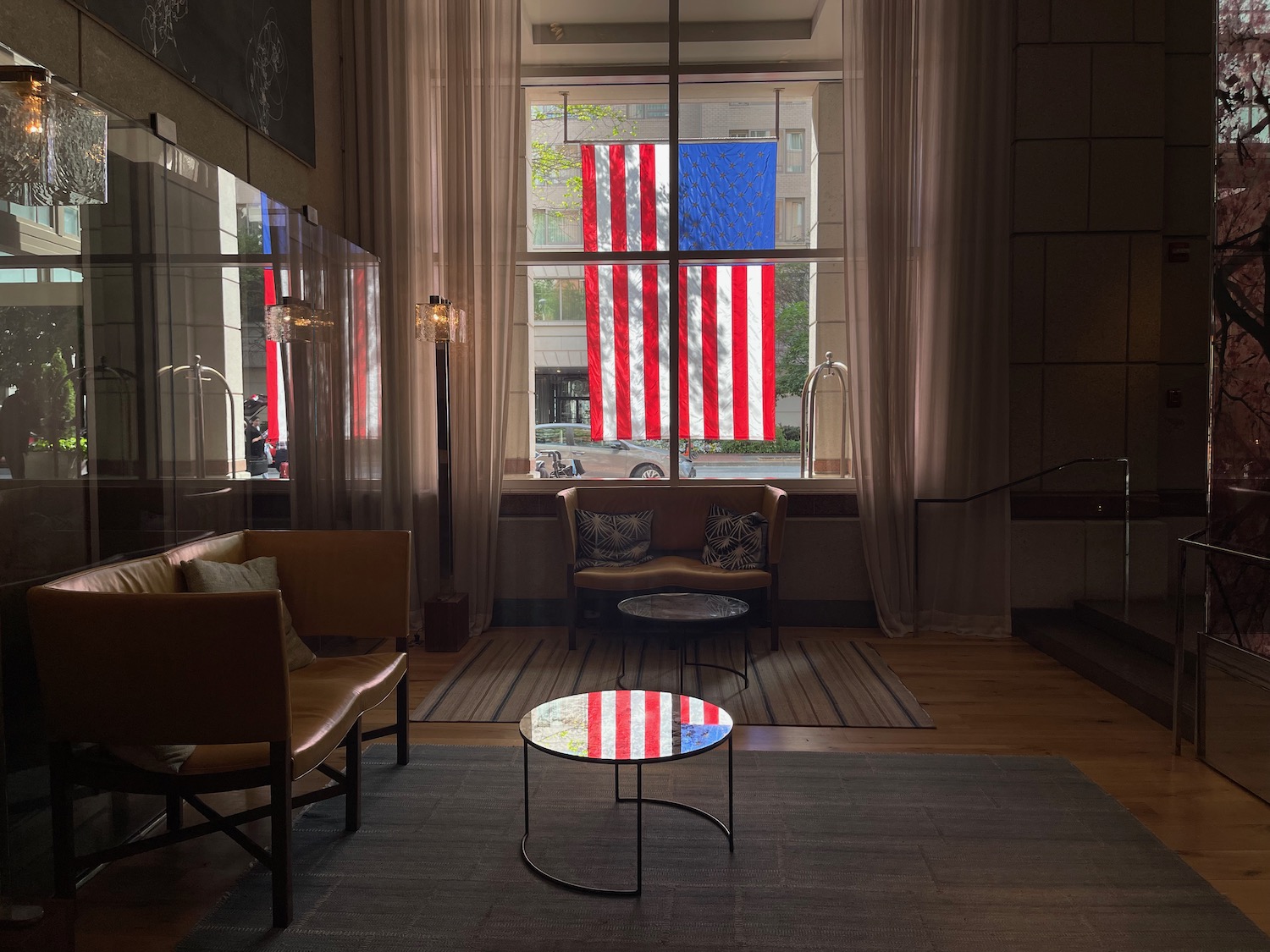 a room with a flag in the window