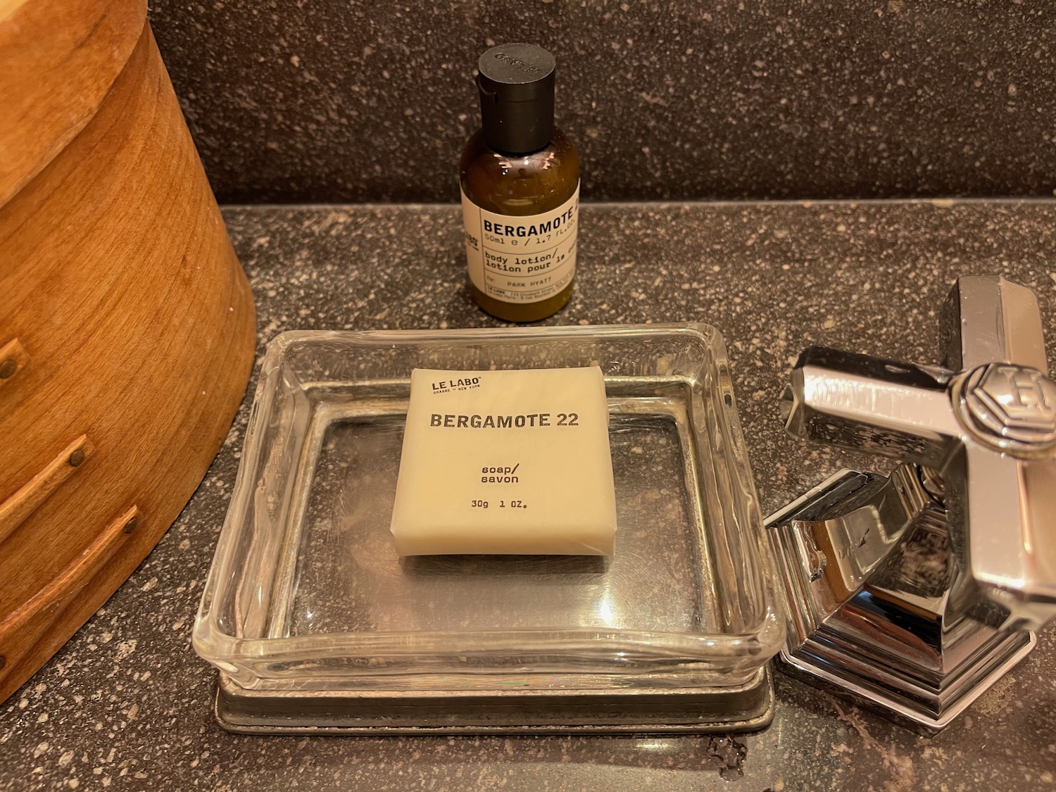 a soap in a glass dish