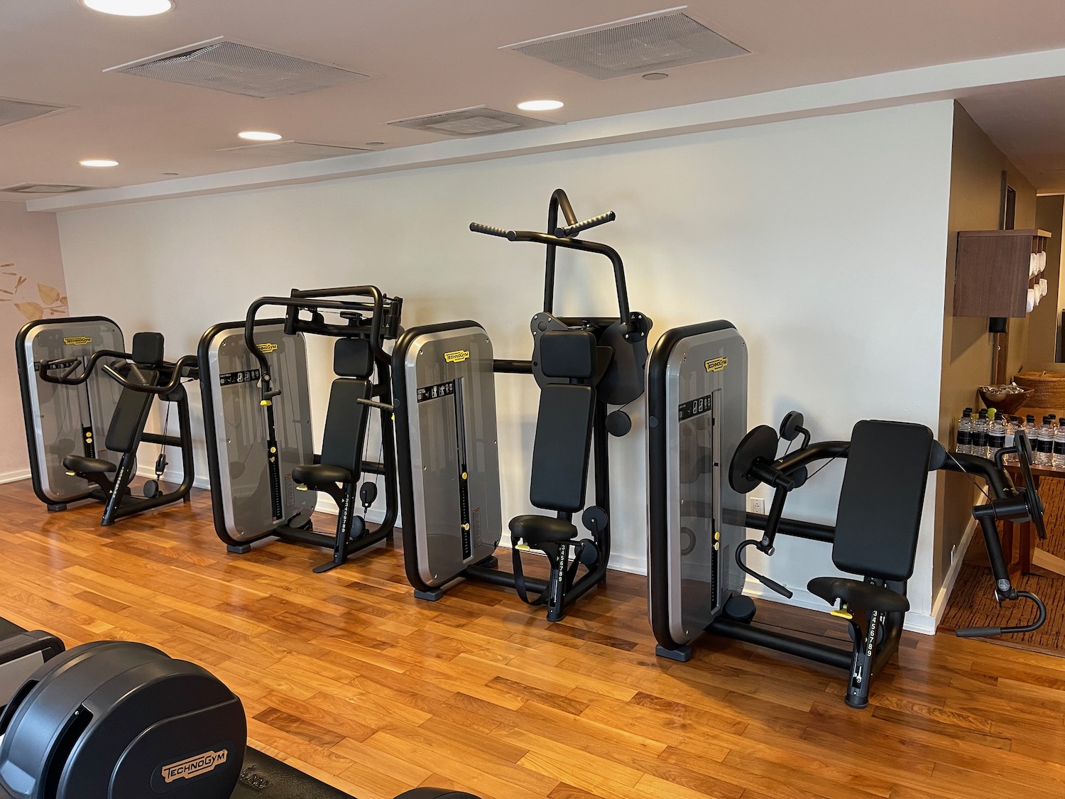a group of exercise equipment in a room