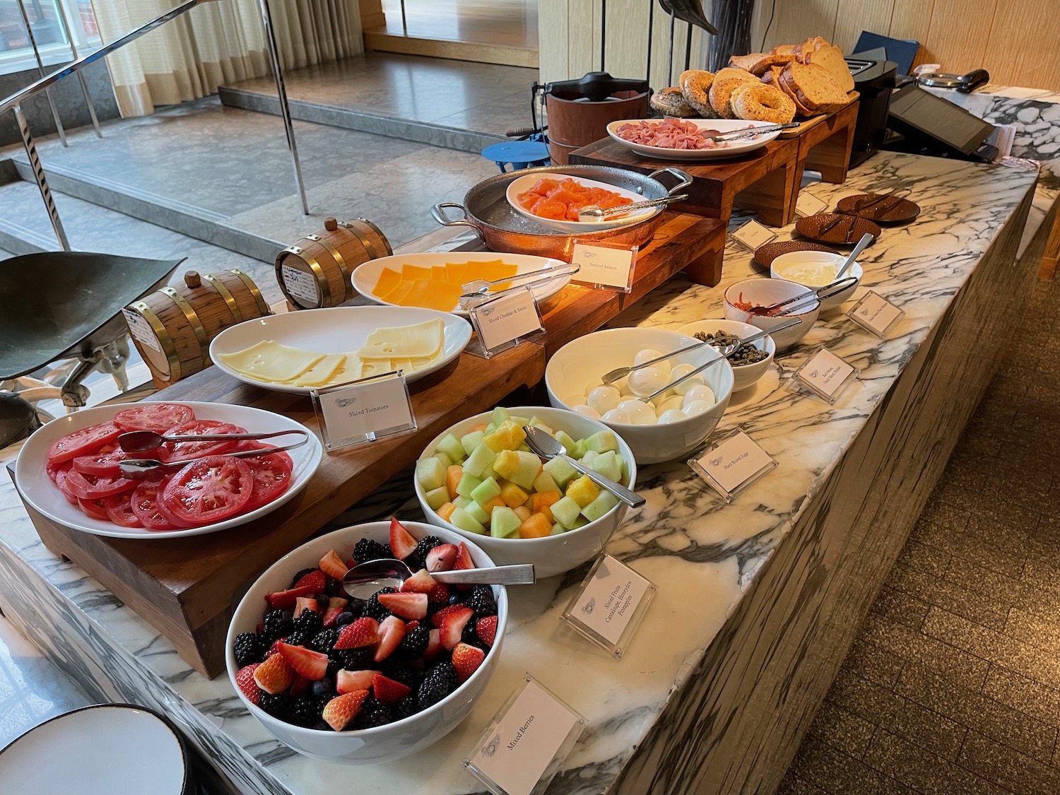 a buffet table with food on it