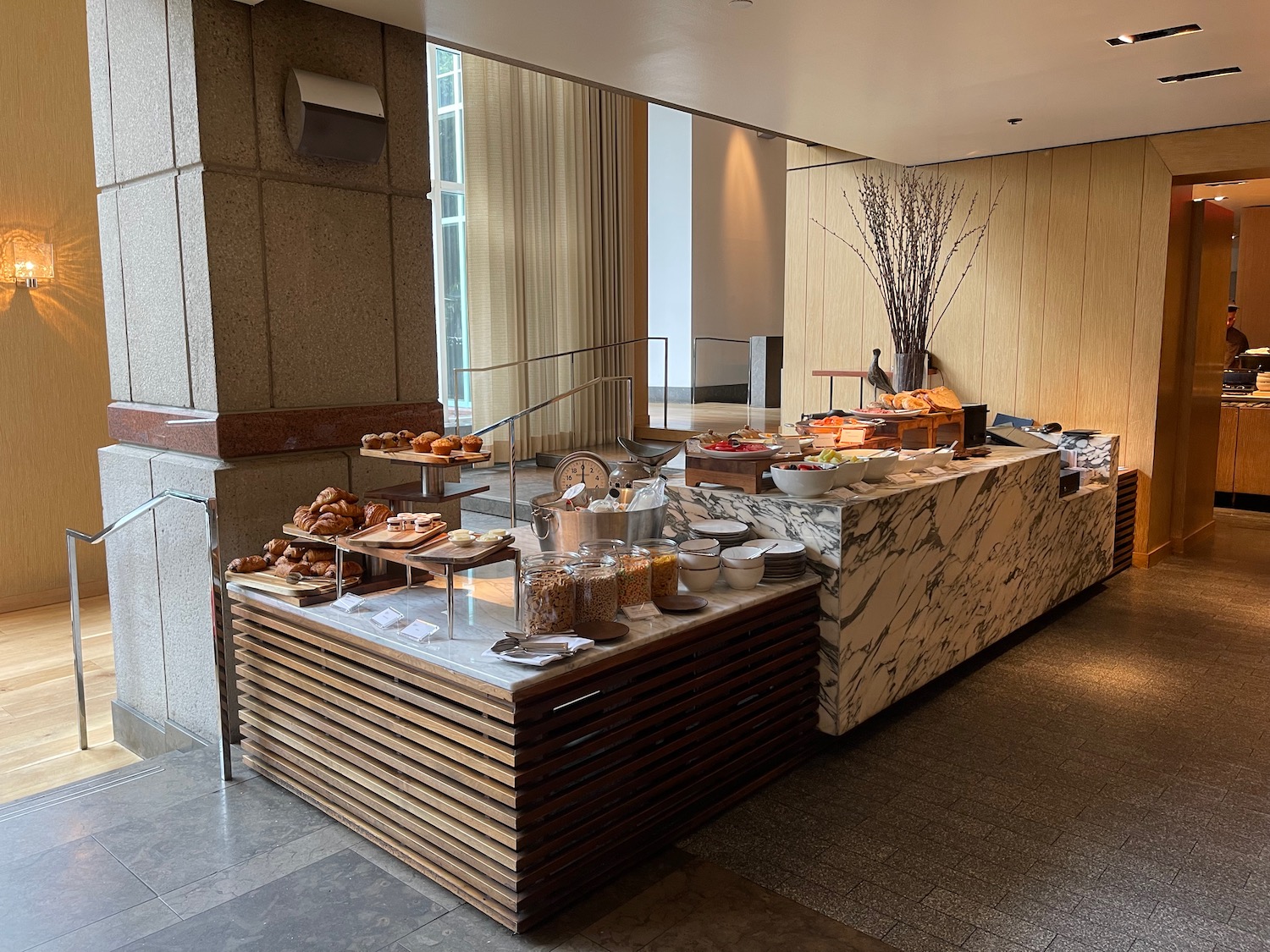 a buffet with food on it