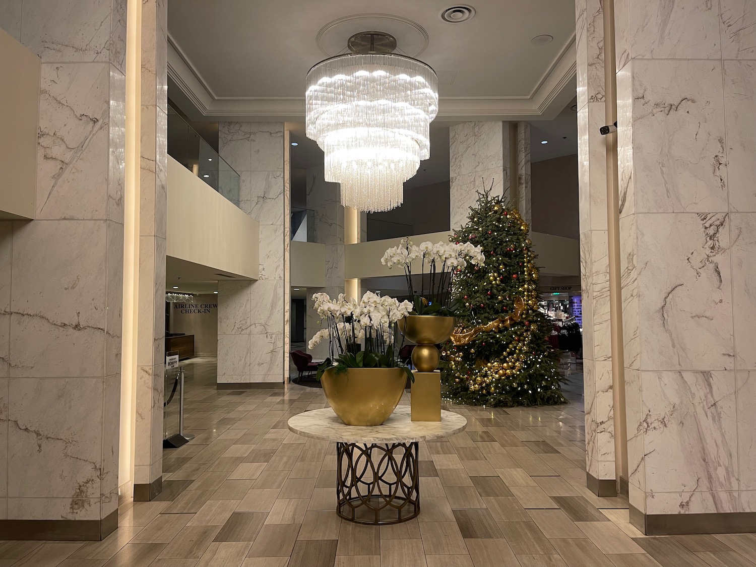 a chandelier in a lobby