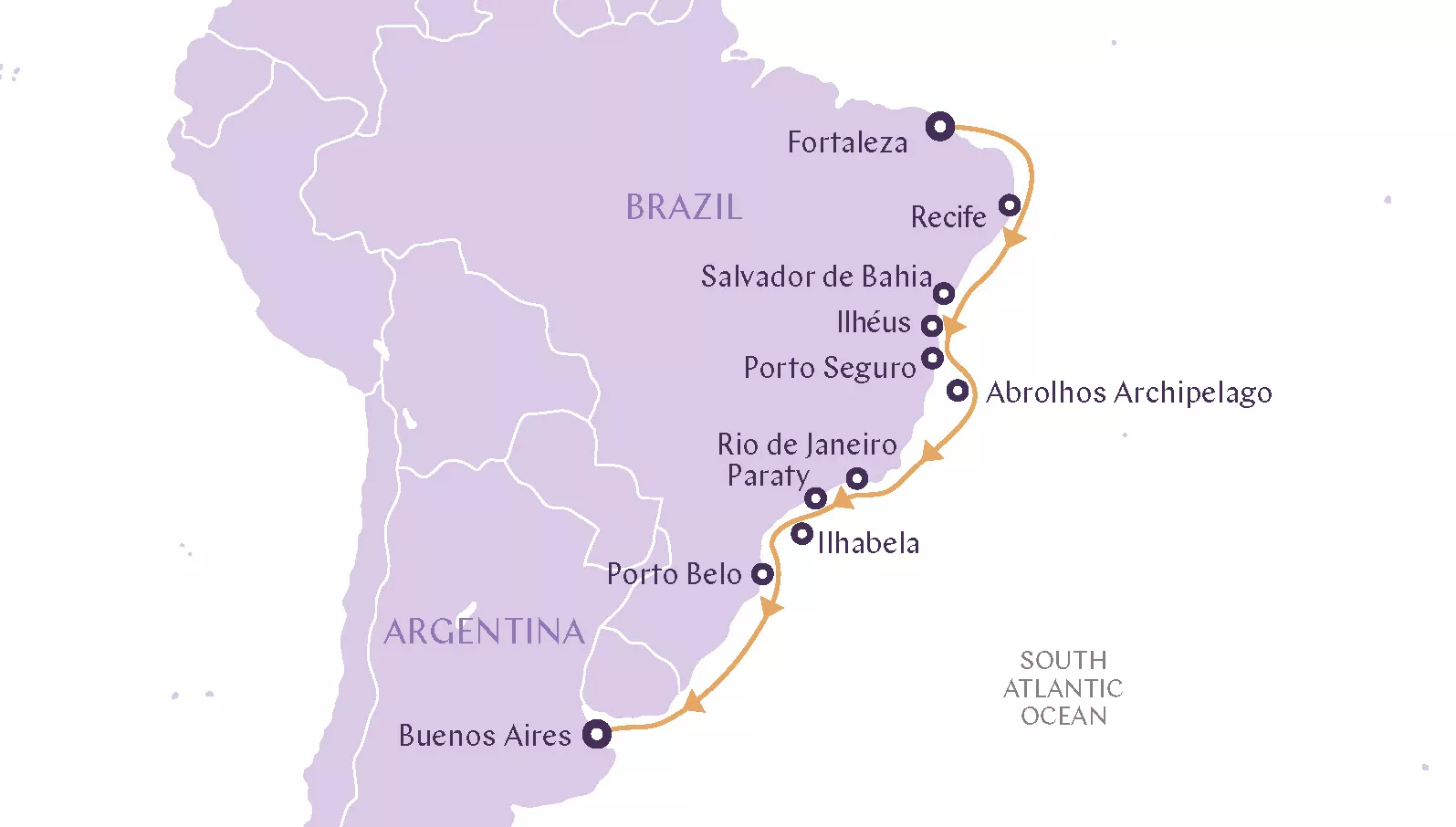 a map of south america with a route