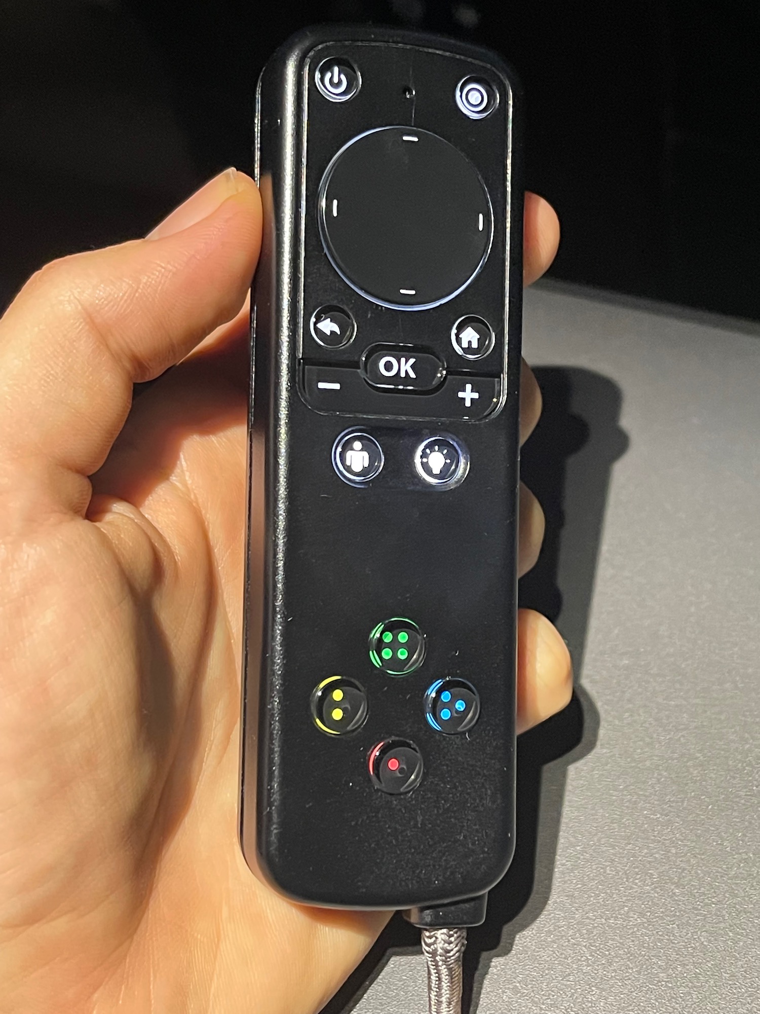 a hand holding a remote control