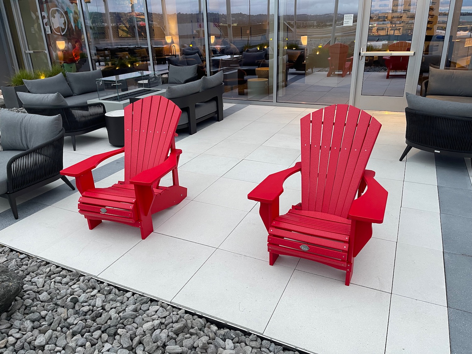 a red chairs on a patio