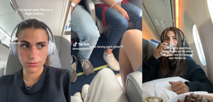 a collage of people sitting on a plane