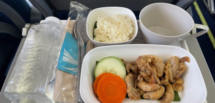 a tray of food on a plane