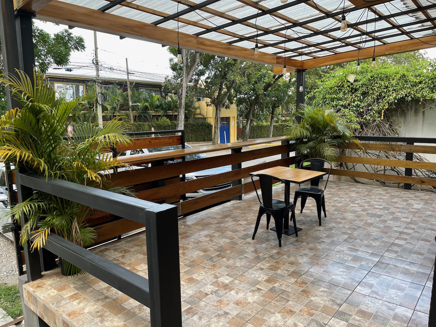 a table and chairs on a patio