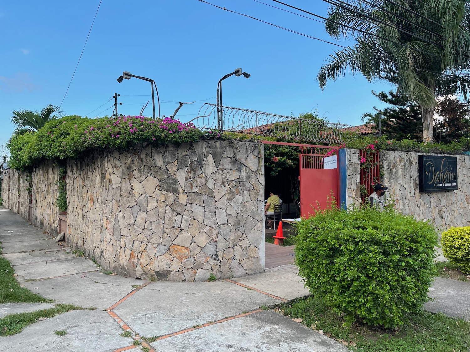 a stone wall with a red gate and plants