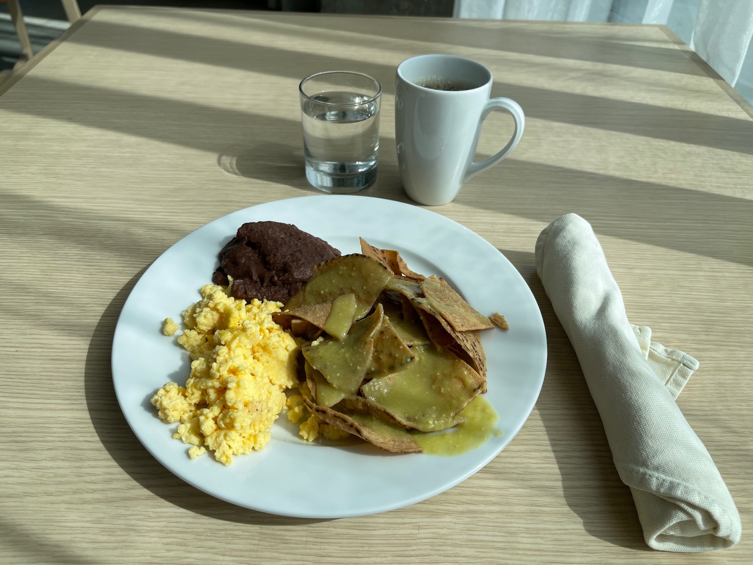 a plate of food and a glass of water