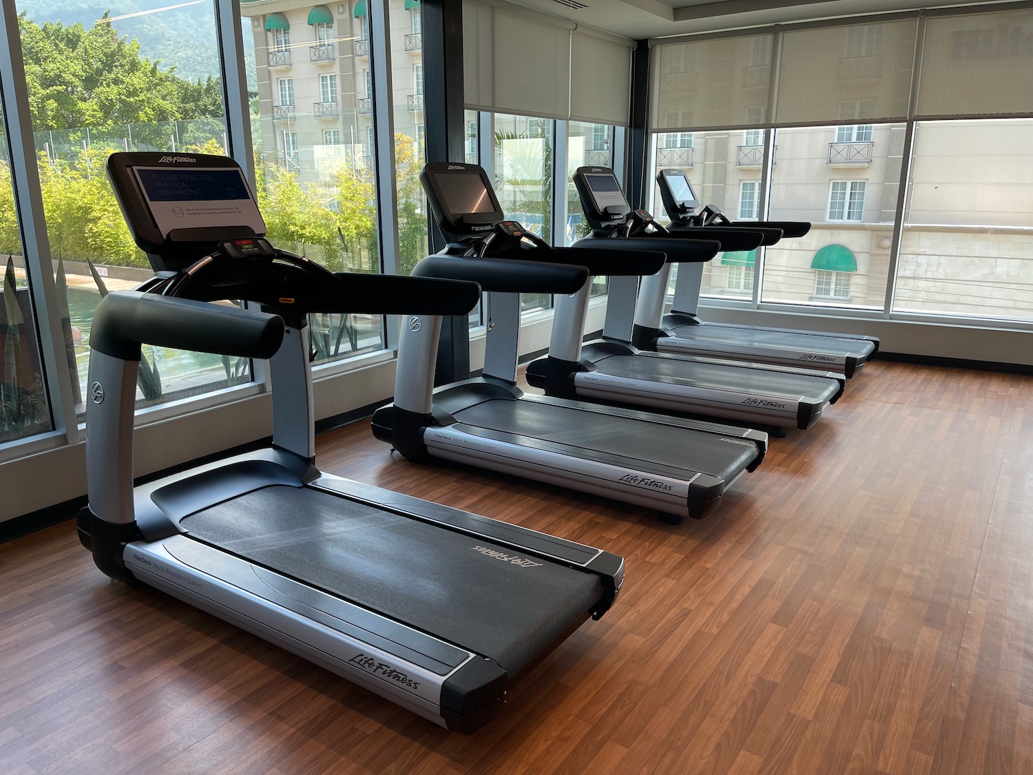 a group of treadmills in a room