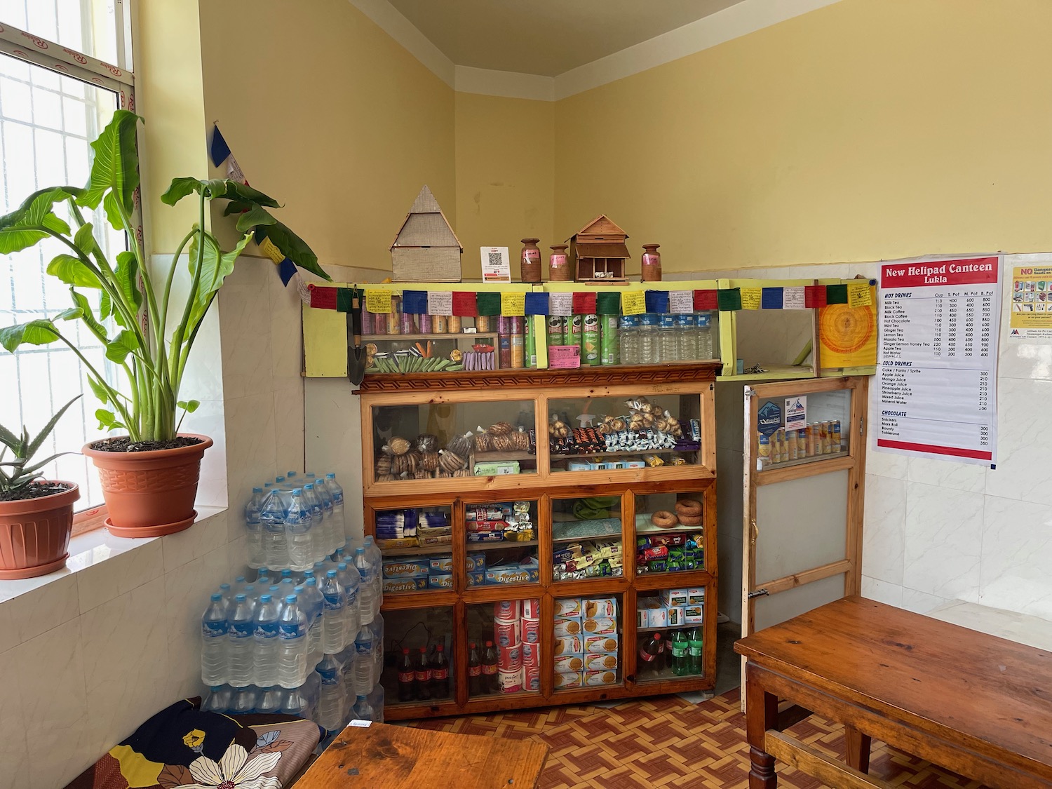 a room with a shelf of food and a plant