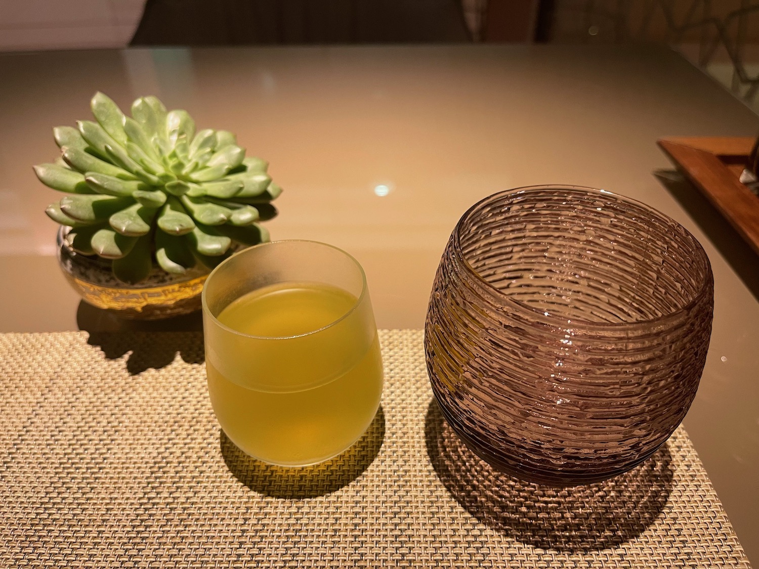 a glass and a plant on a table