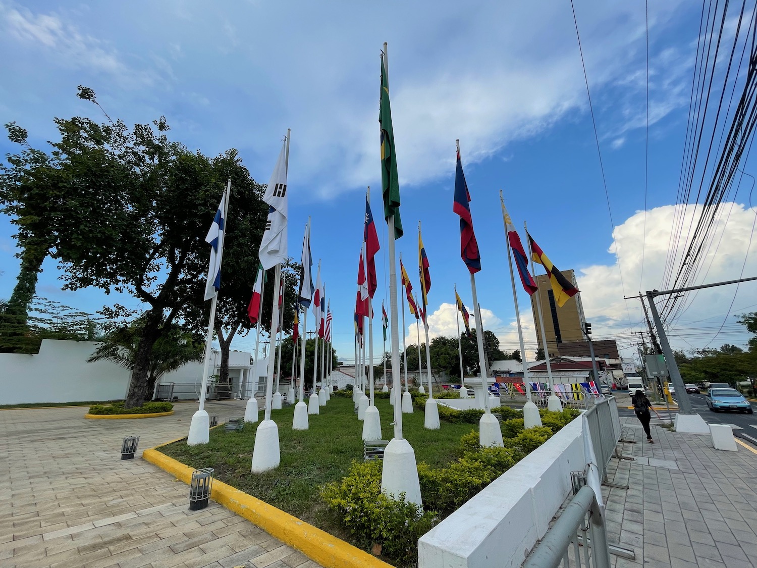 a group of flags on poles