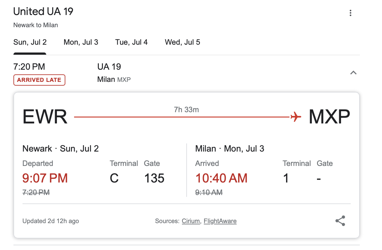 a screenshot of a flight schedule