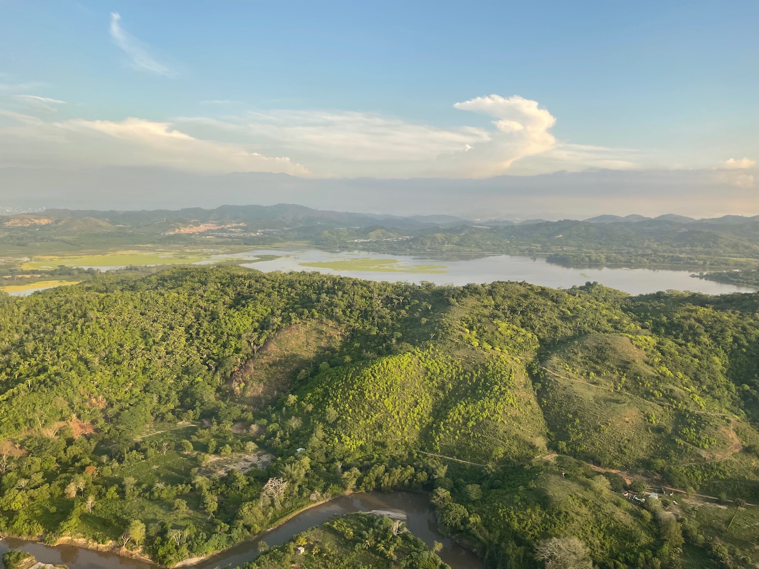 a aerial view of a green landscape