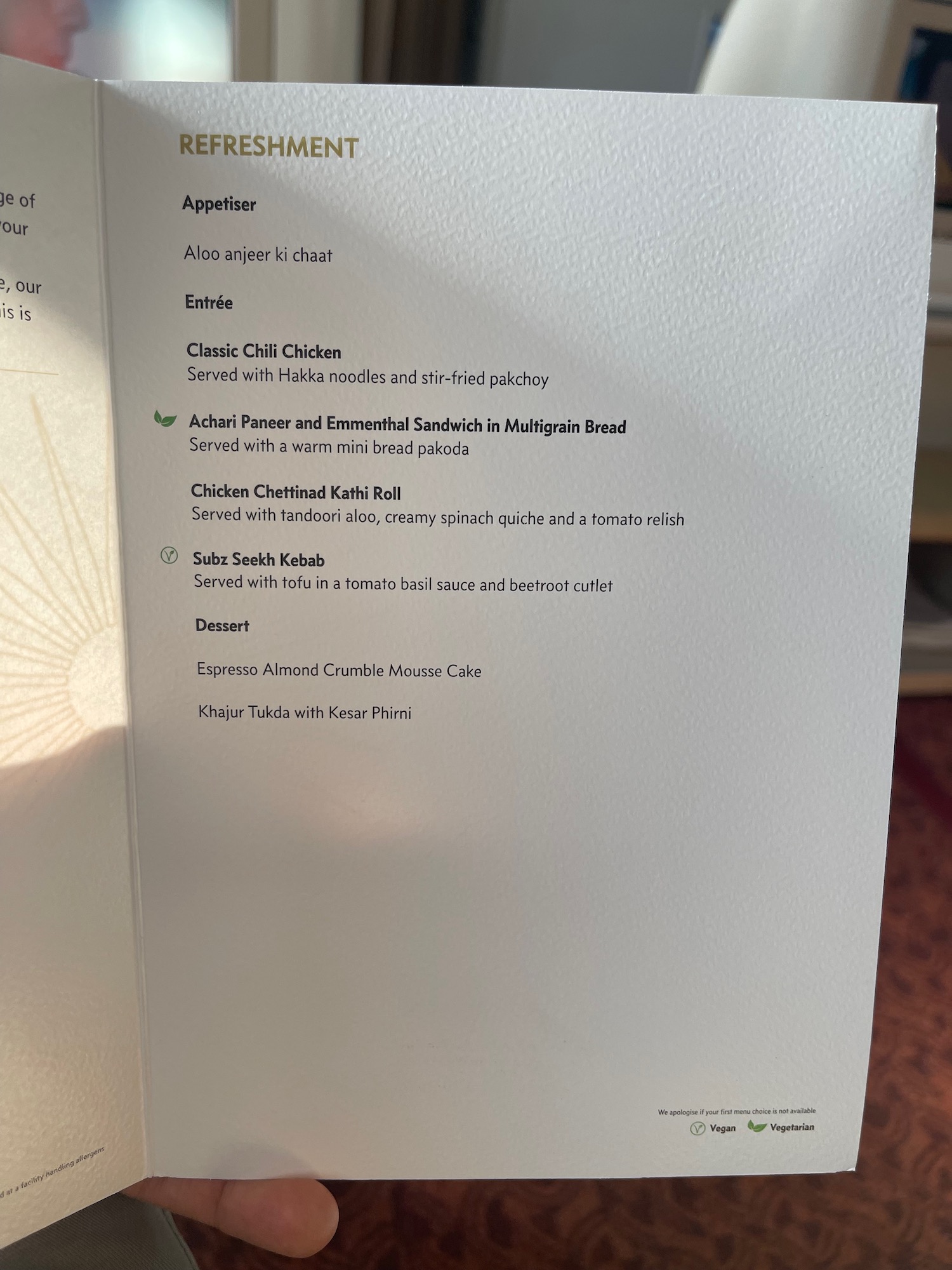 a menu with black text