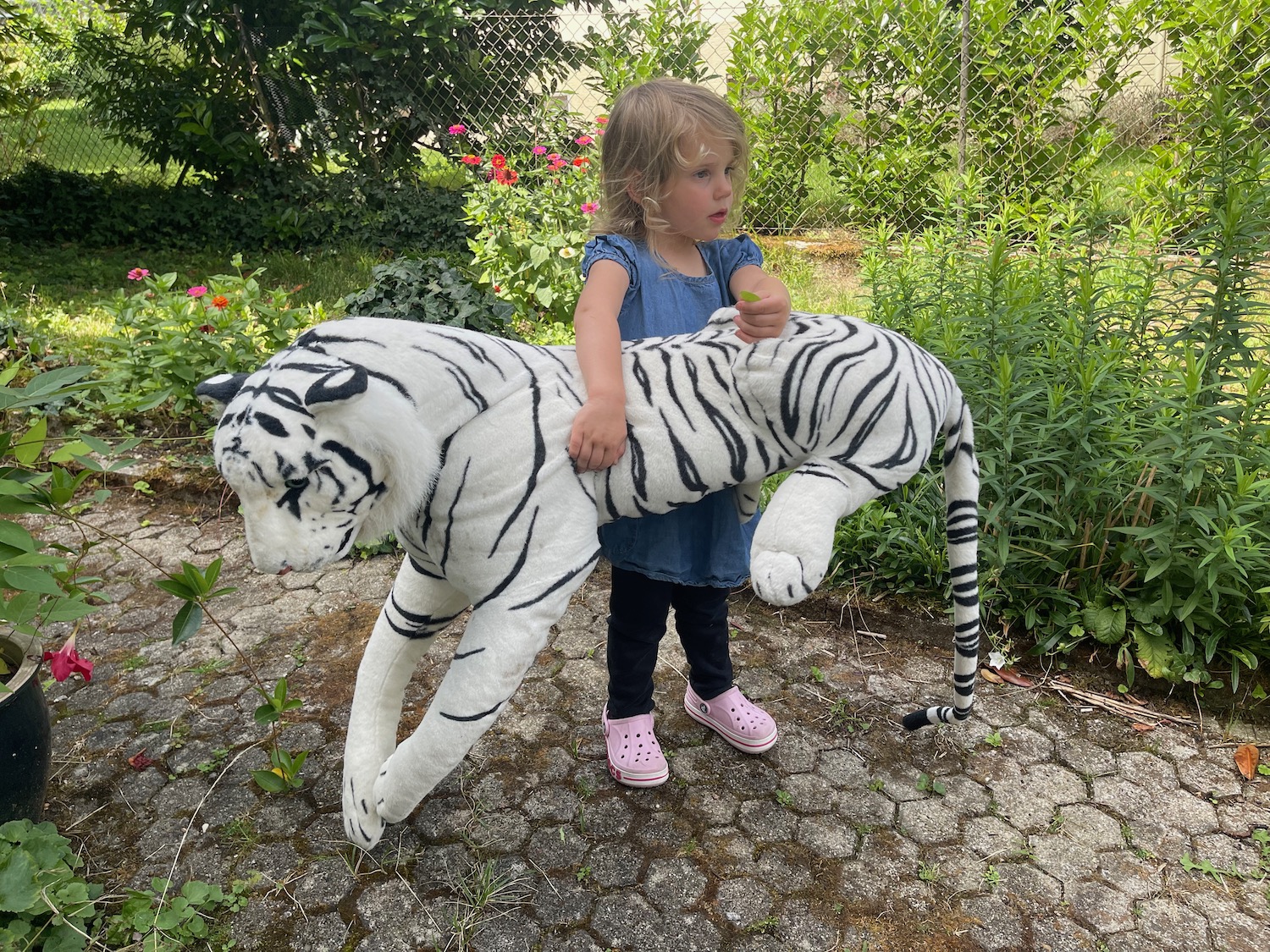 a girl holding a stuffed tiger