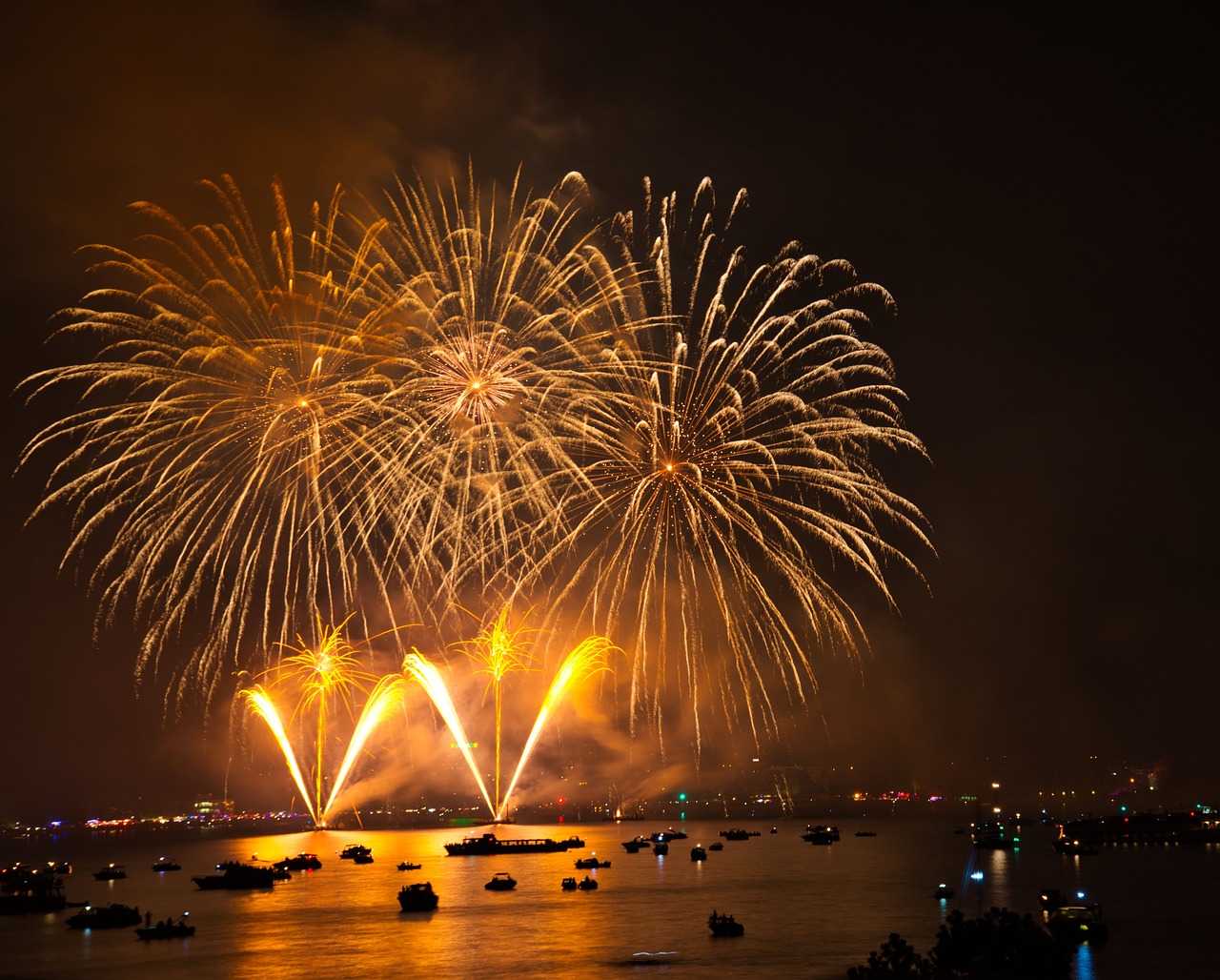 fireworks in the sky over water