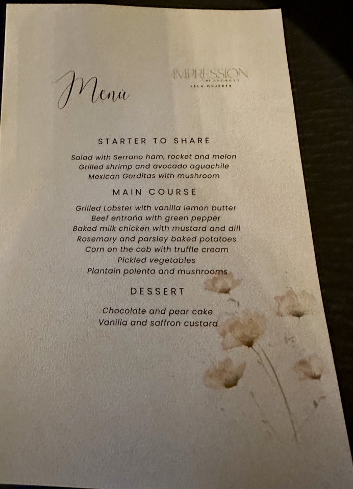 impression by secrets isla mujeres custom menu at Wildfire steakhouse