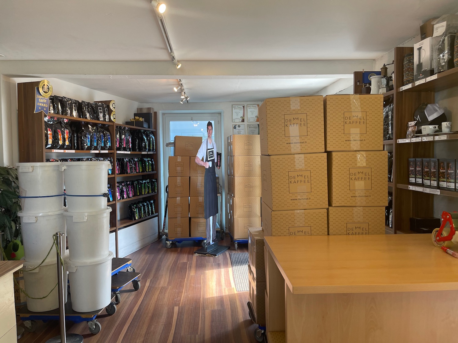 a room with shelves full of products