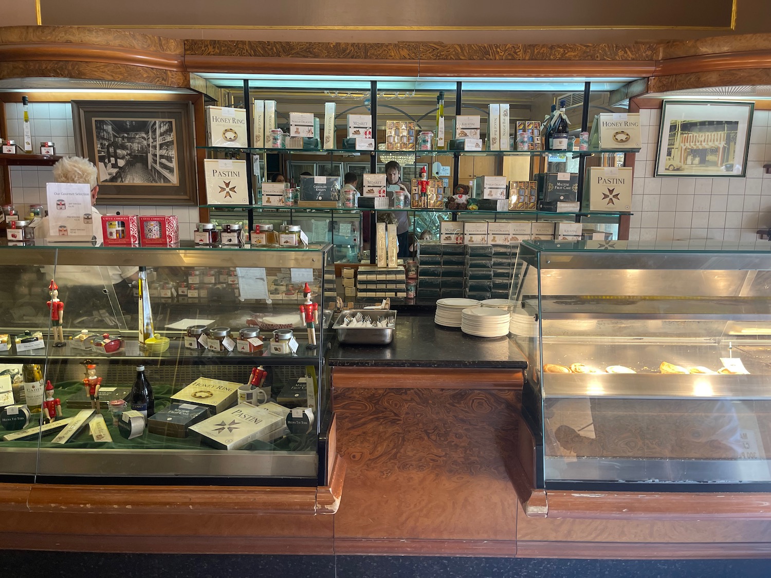 a display case with food items on it