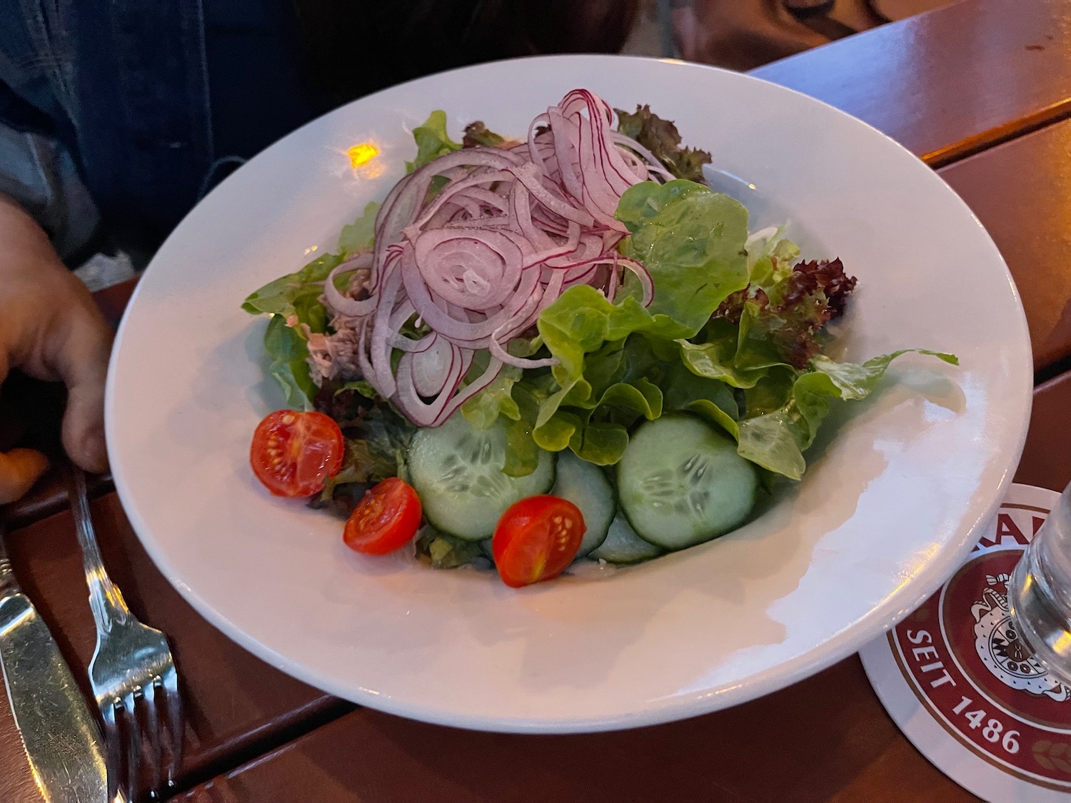 a plate of salad with onions and tomatoes