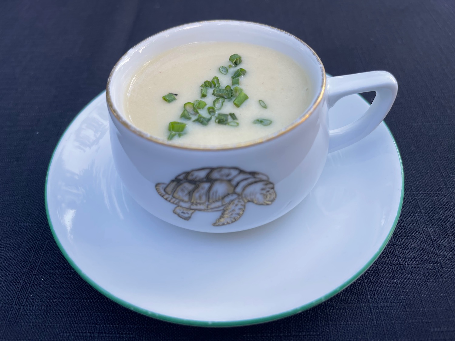 a white cup with a saucer and a picture of a turtle on it