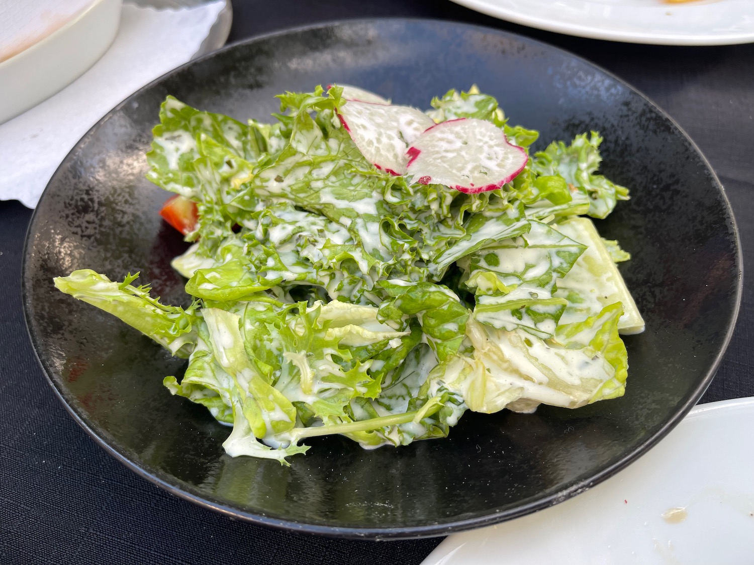 a plate of salad with a white sauce