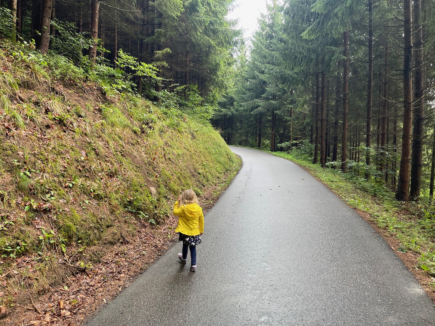 a girl walking on a road in the woods