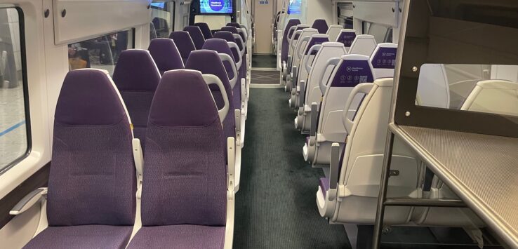 a train with purple seats