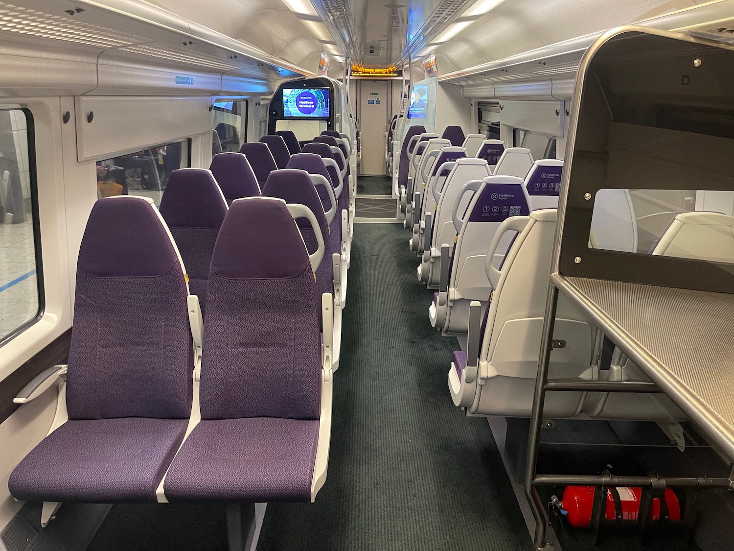 a train with purple seats