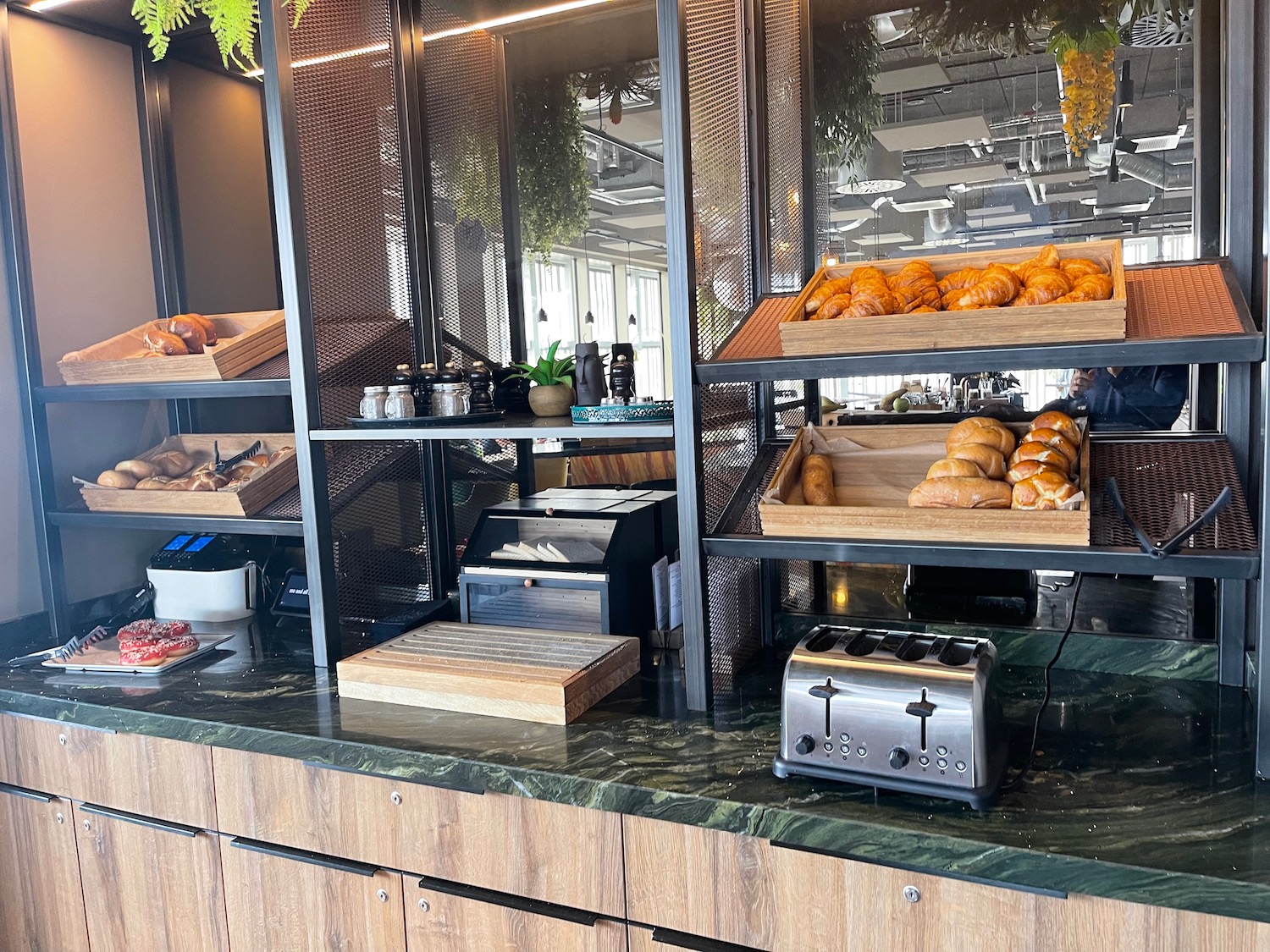 a display of bread on shelves