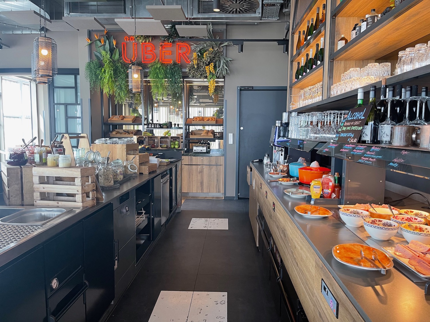 a restaurant with food on the counter