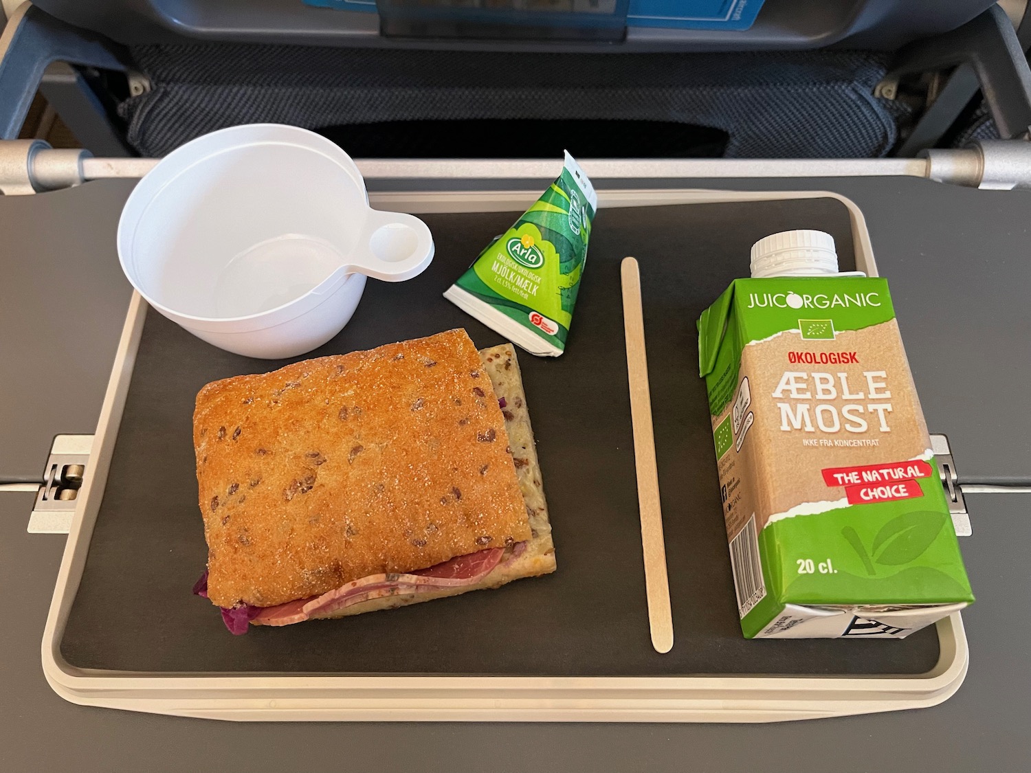 a sandwich and milk carton on a tray