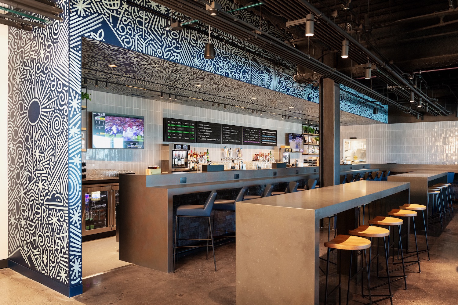 a bar with a counter and stools