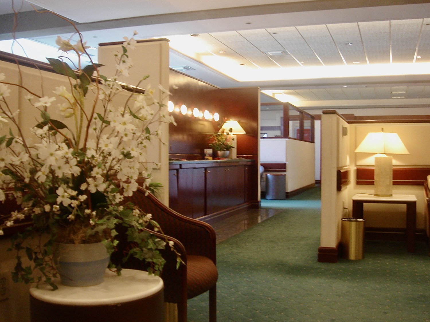 a room with a flower pot and chairs