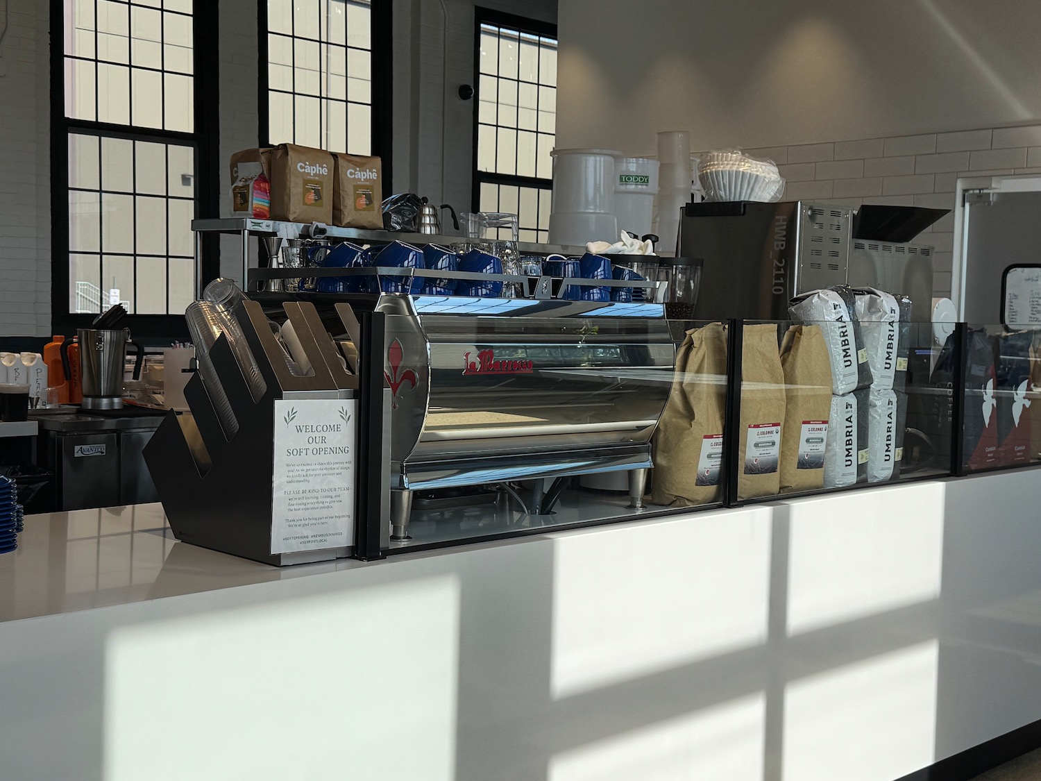 a counter with a variety of items on it