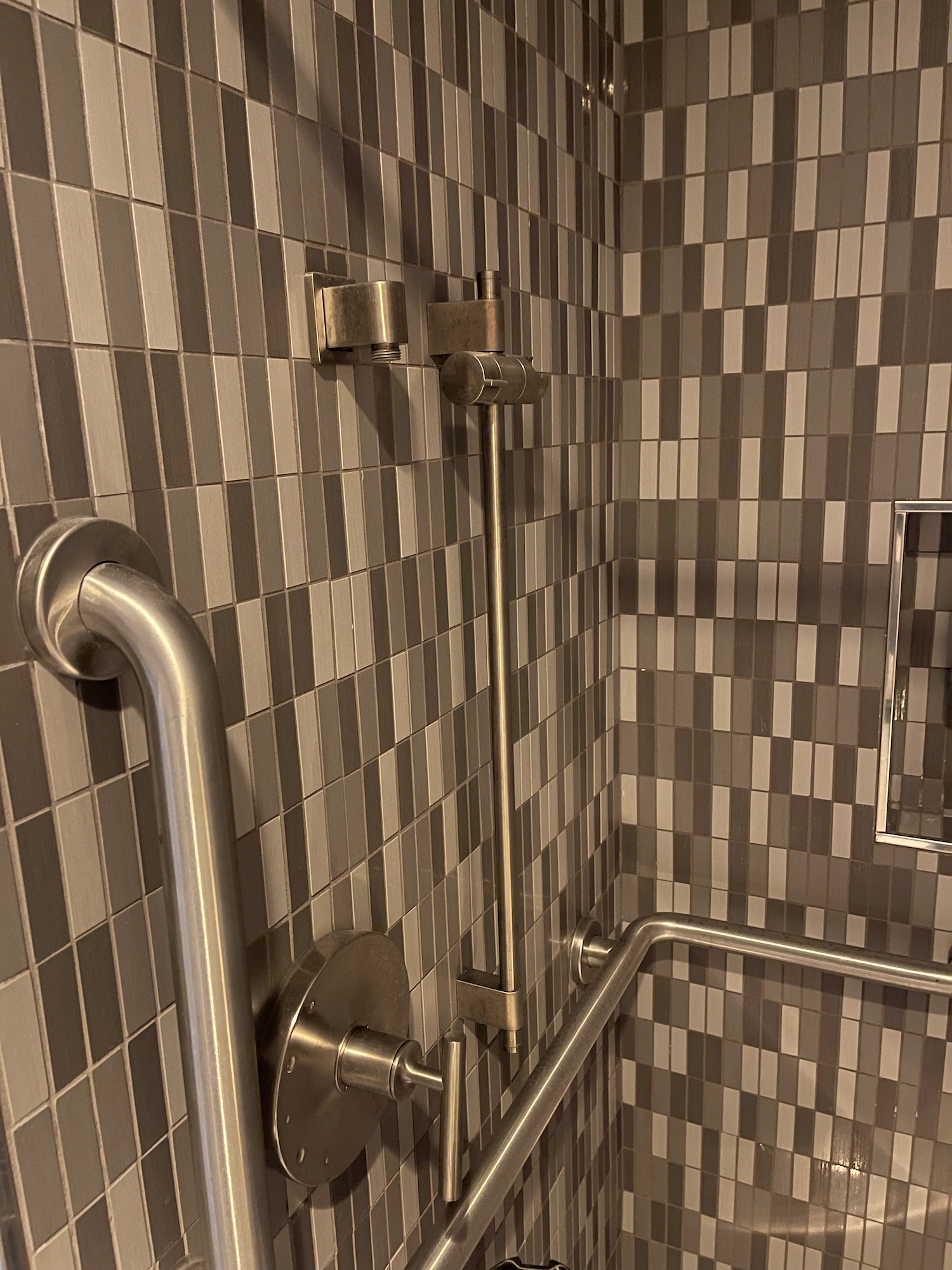 a shower with a metal bar