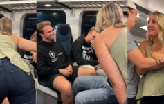 a collage of people sitting on a train