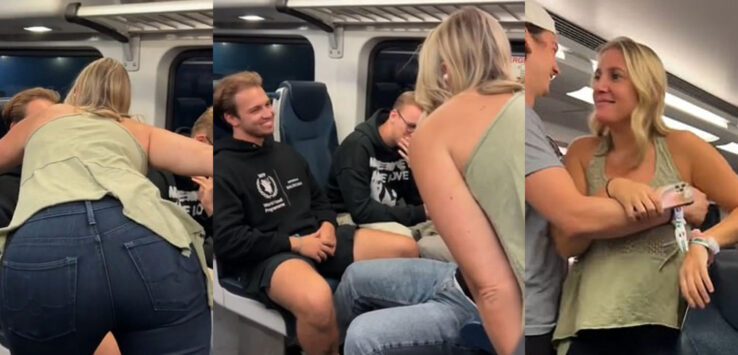 a collage of people sitting on a train