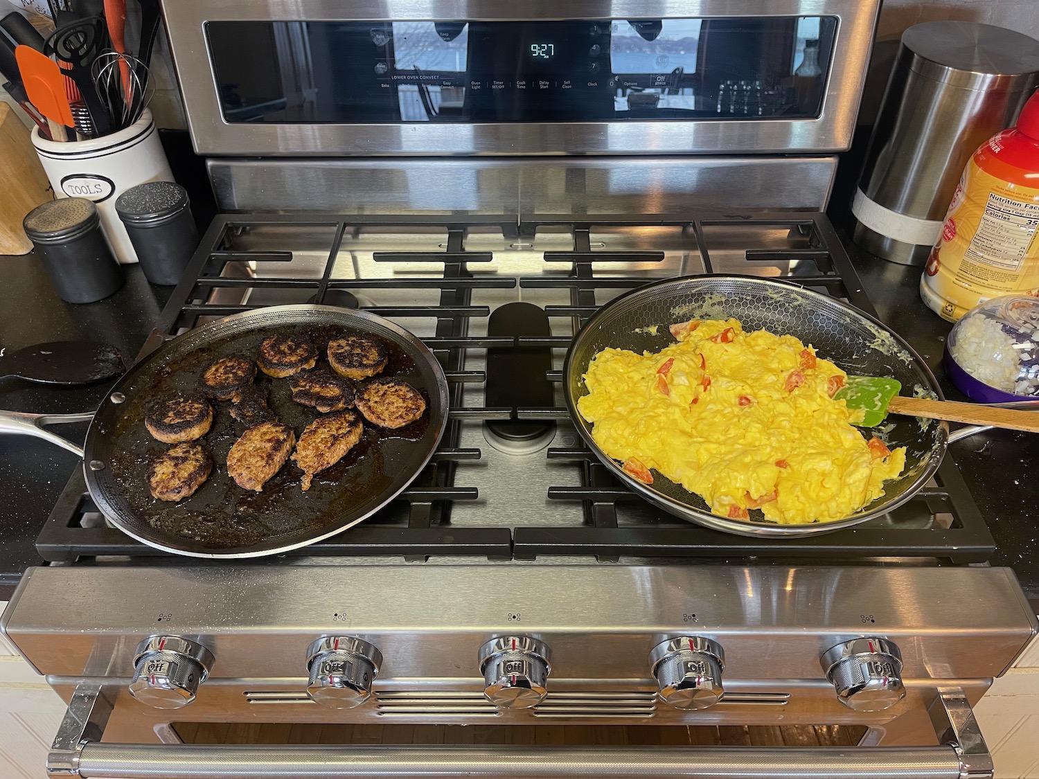 two plates of food on a stove