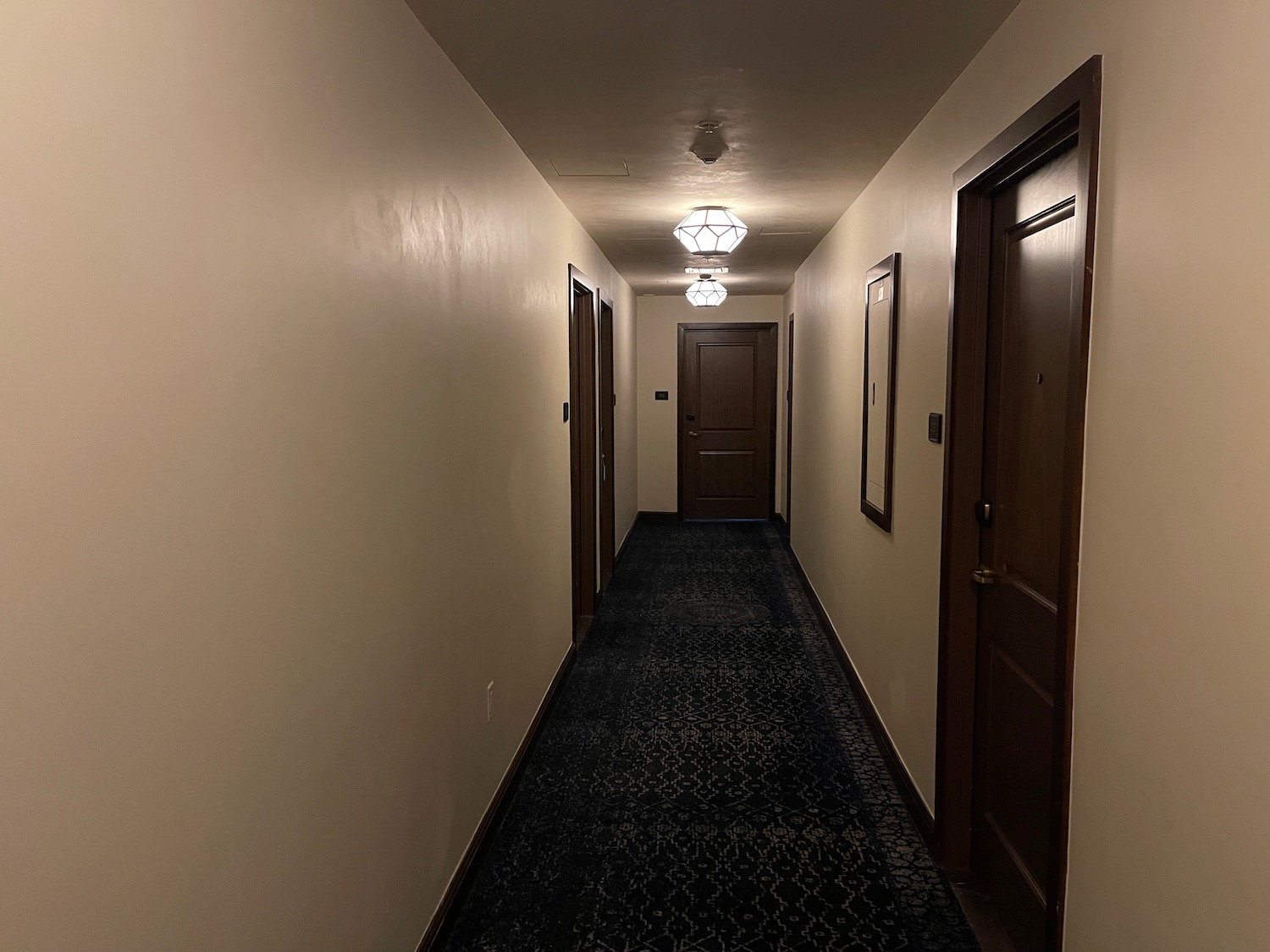 a hallway with doors and a light fixture