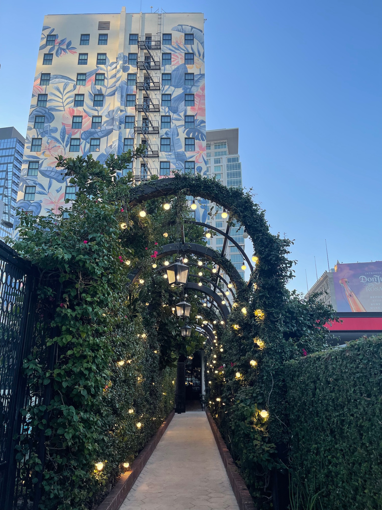 a walkway with lights on the arch