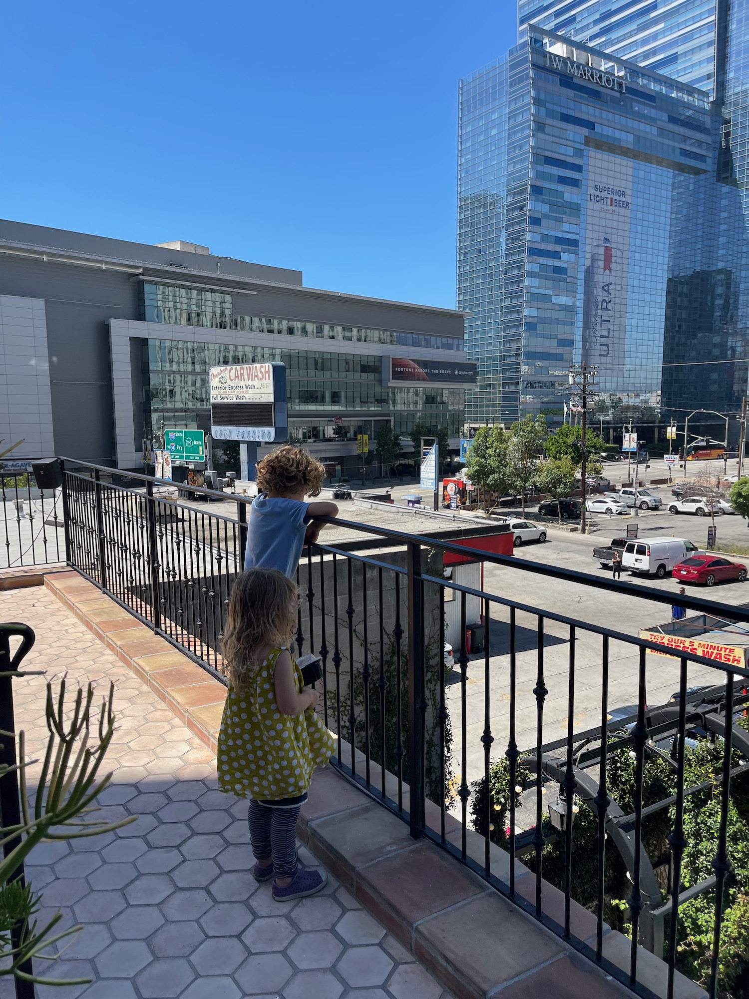 two children looking at a city