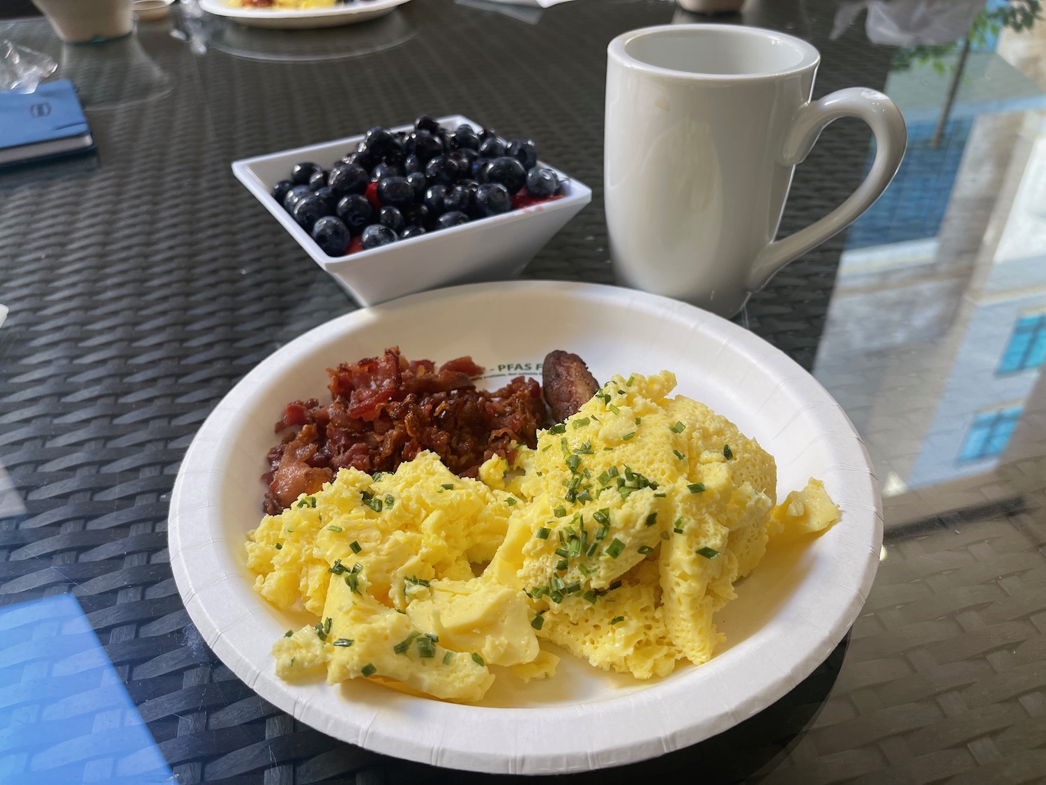 a plate of food and a cup of coffee