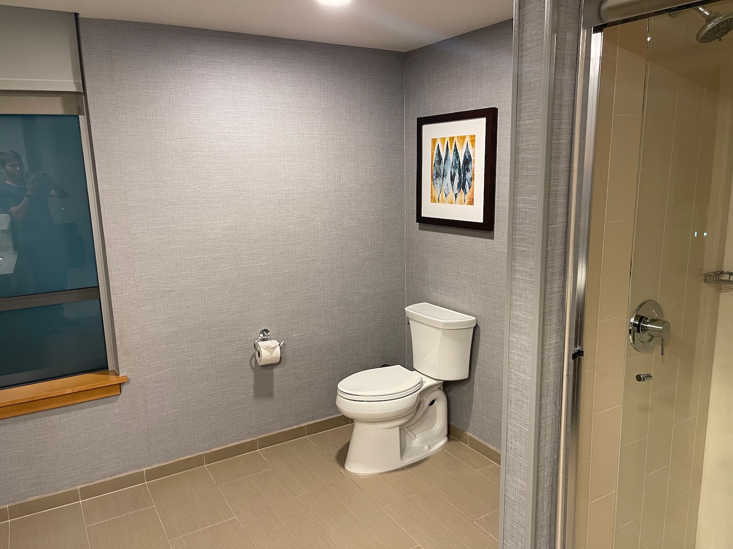 a bathroom with a toilet and a picture on the wall