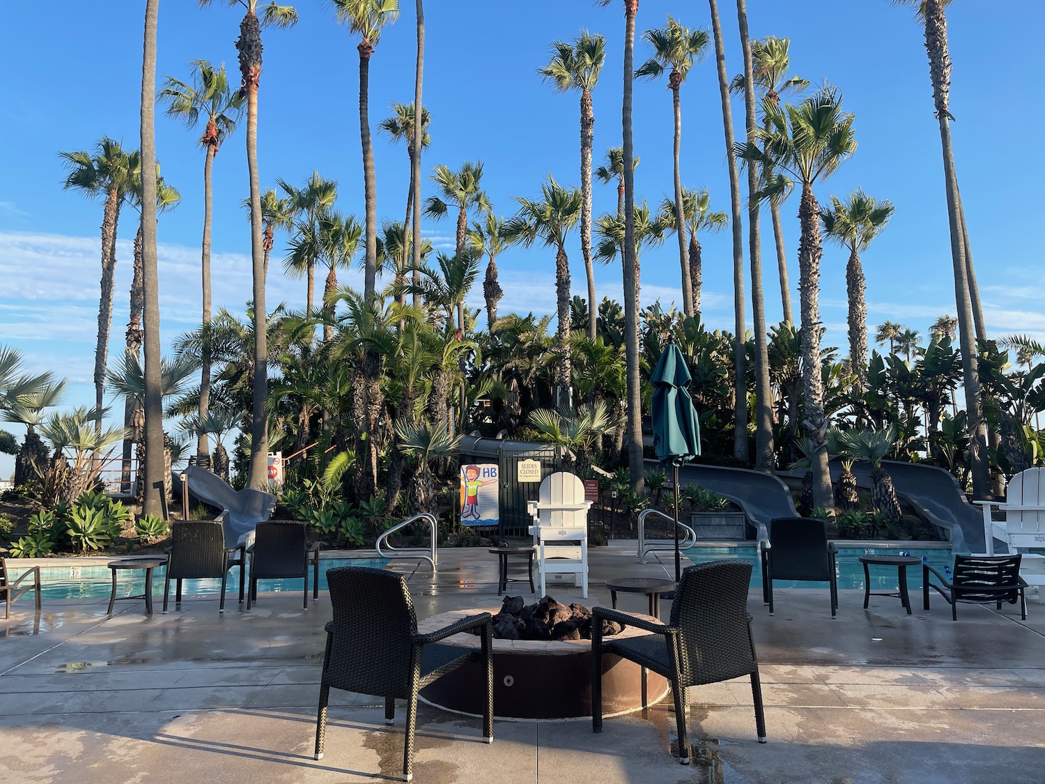 a pool with chairs and a fire pit surrounded by palm trees