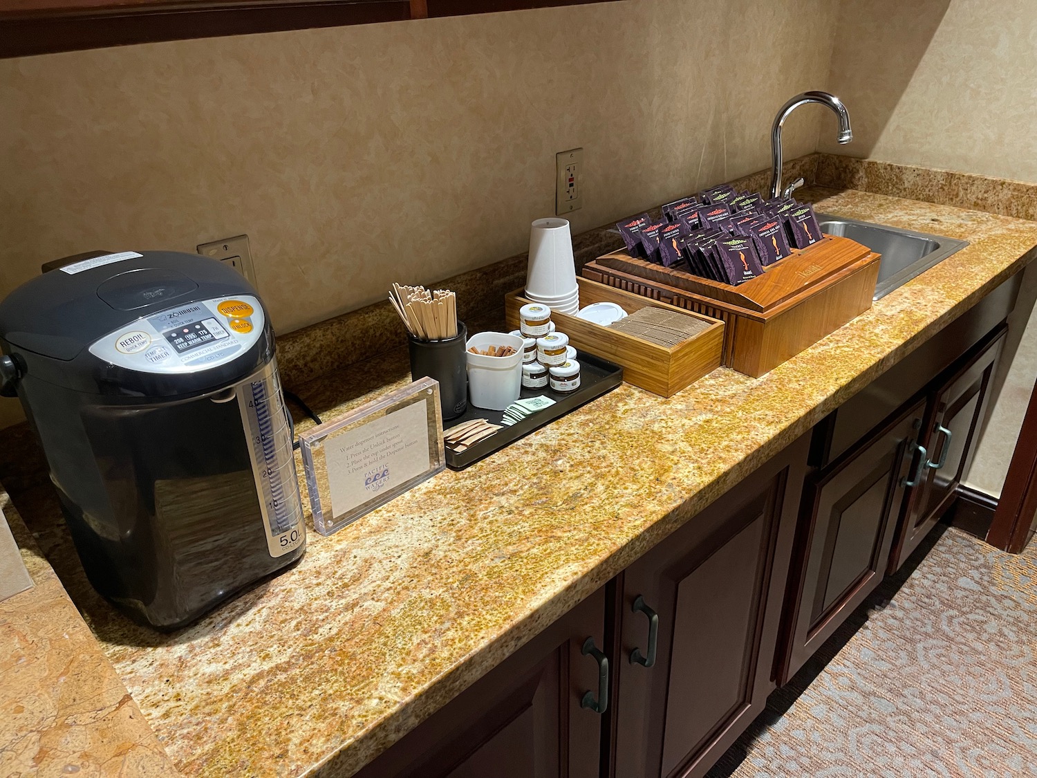 a counter with a variety of items on it